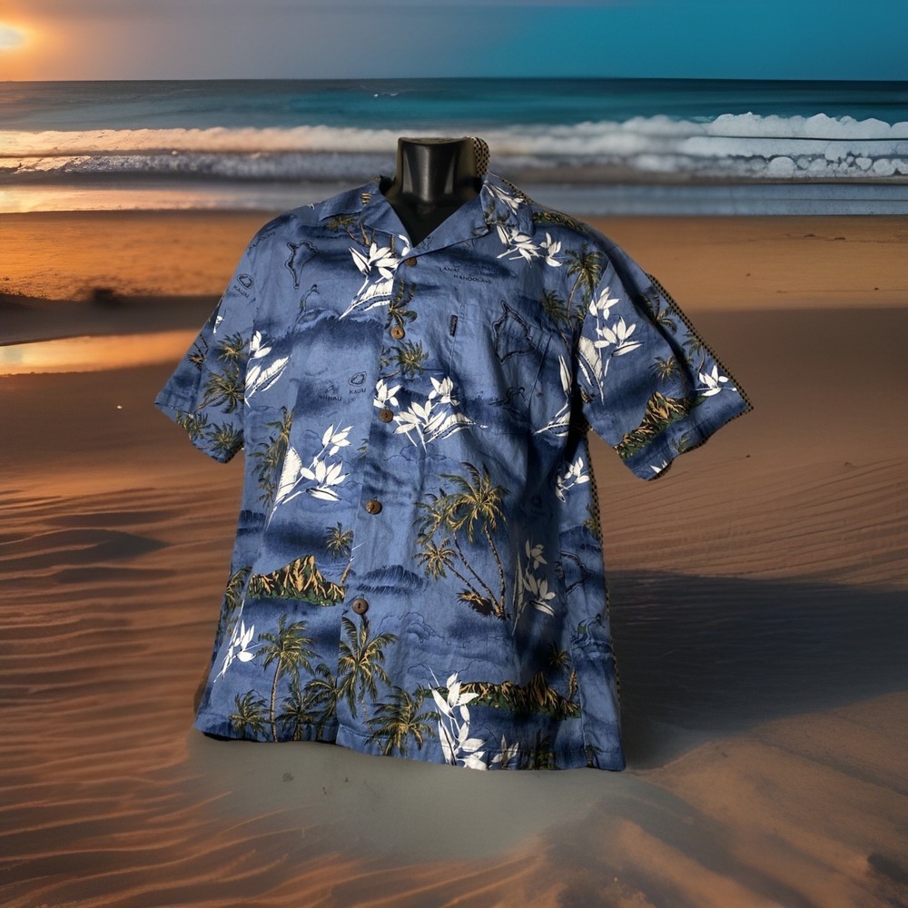 Palmwave Hawaiian Shirt Men's size Large‎ Map Surfer Scenes Cotton